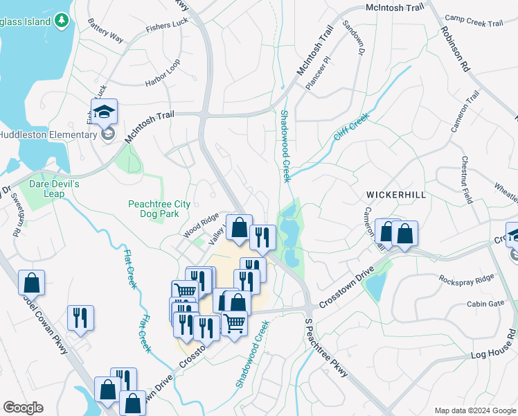 map of restaurants, bars, coffee shops, grocery stores, and more near 717 Peachtree Club Drive in Peachtree City
