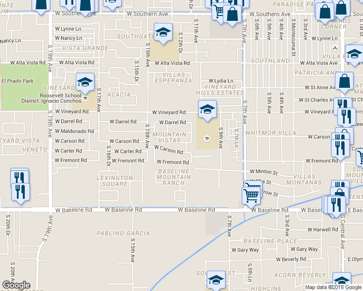 map of restaurants, bars, coffee shops, grocery stores, and more near 1207 West Maldonado Road in Phoenix