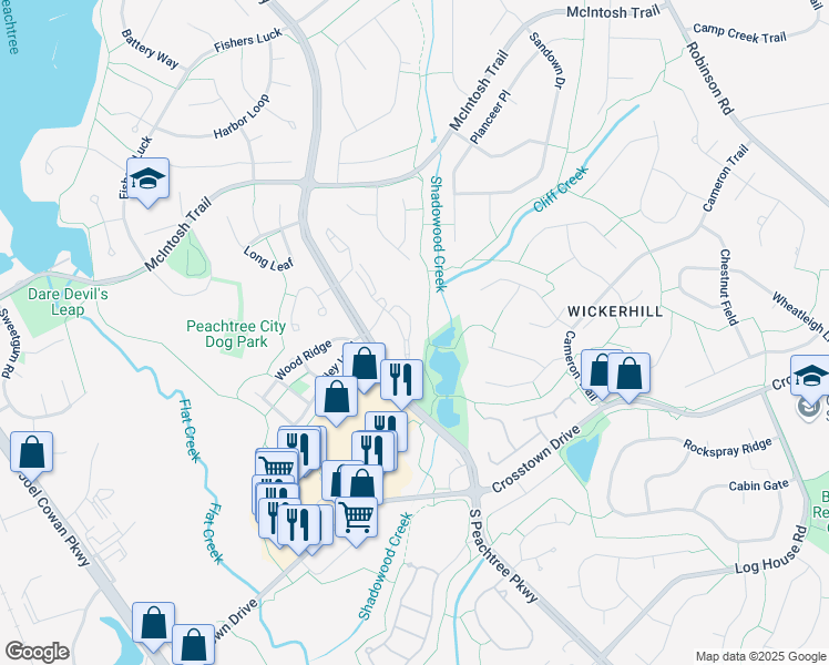 map of restaurants, bars, coffee shops, grocery stores, and more near 717 Peachtree Club Drive in Peachtree City