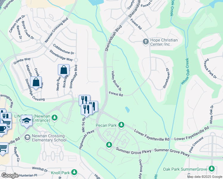 map of restaurants, bars, coffee shops, grocery stores, and more near 30 Valley Brook Drive in Newnan