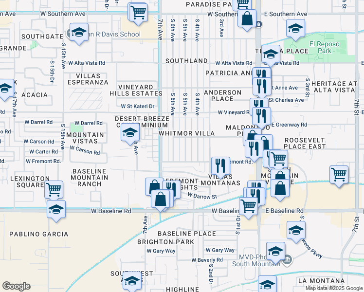 map of restaurants, bars, coffee shops, grocery stores, and more near 7016 South 5th Avenue in Phoenix