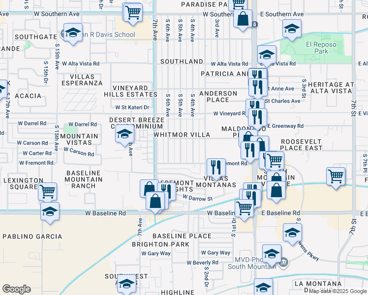map of restaurants, bars, coffee shops, grocery stores, and more near 7016 South 5th Avenue in Phoenix