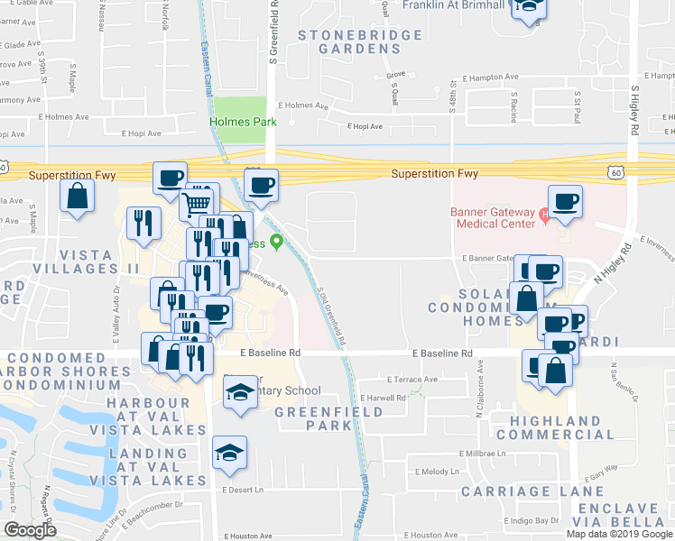 map of restaurants, bars, coffee shops, grocery stores, and more near 1825 South Old Greenfield Road in Mesa