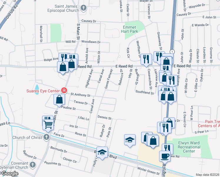 map of restaurants, bars, coffee shops, grocery stores, and more near 418 S Rebecca Dr in Greenville