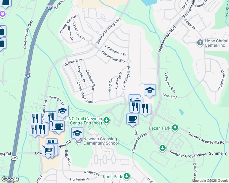 map of restaurants, bars, coffee shops, grocery stores, and more near 15 Rockridge Drive in Newnan