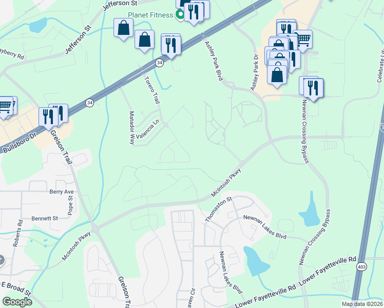 map of restaurants, bars, coffee shops, grocery stores, and more near 59 Torero Trail in Newnan