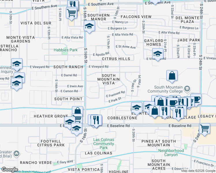 map of restaurants, bars, coffee shops, grocery stores, and more near 1709 East Carson Road in Phoenix