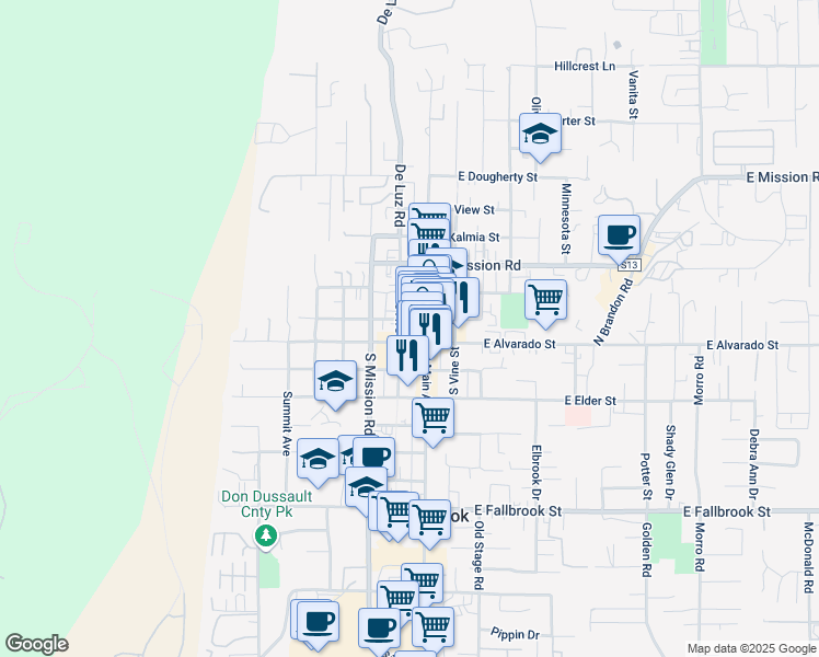 map of restaurants, bars, coffee shops, grocery stores, and more near 118 West Hawthorne Street in Fallbrook