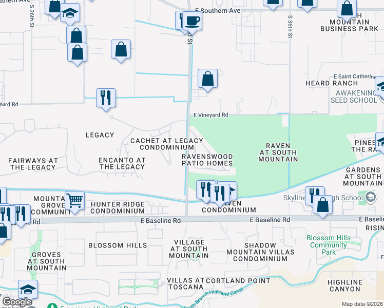 map of restaurants, bars, coffee shops, grocery stores, and more near 7030 South 32nd Place in Phoenix