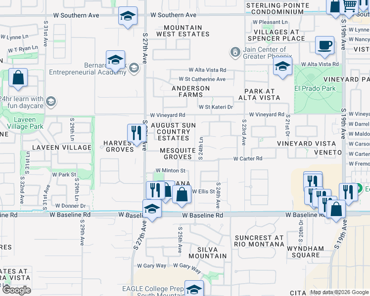 map of restaurants, bars, coffee shops, grocery stores, and more near 2514 West Carson Road in Phoenix