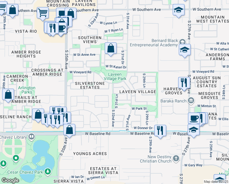 map of restaurants, bars, coffee shops, grocery stores, and more near 3144 West Carson Road in Phoenix