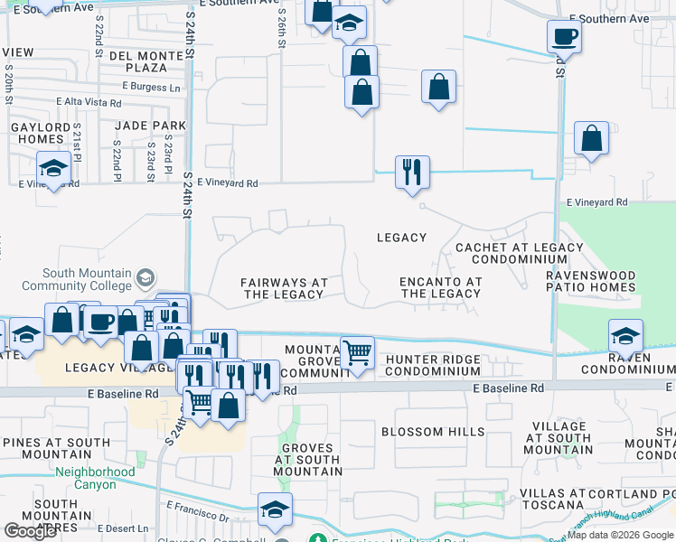map of restaurants, bars, coffee shops, grocery stores, and more near 2732 East Carson Road in Phoenix