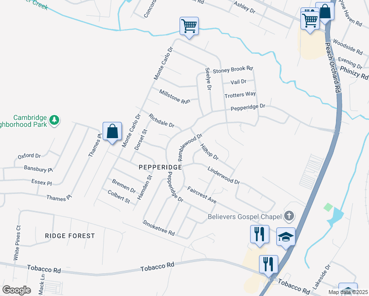 map of restaurants, bars, coffee shops, grocery stores, and more near 2210 Ramblewood Drive in Augusta