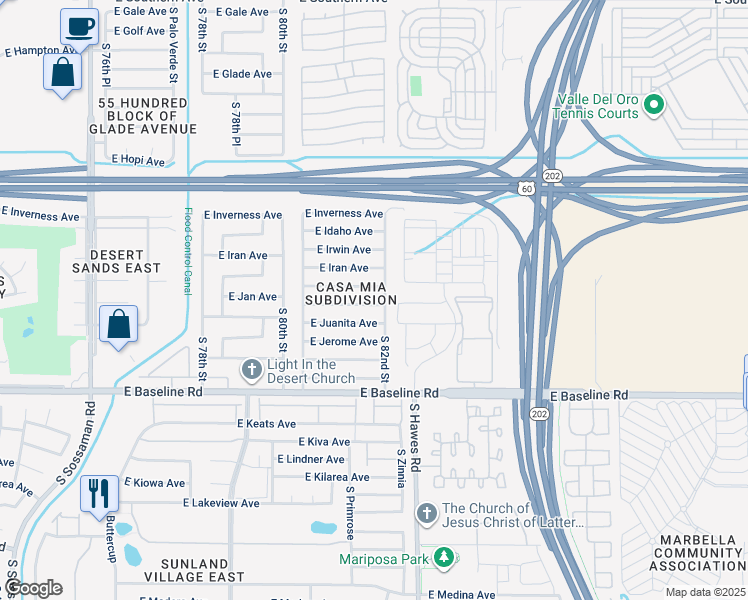map of restaurants, bars, coffee shops, grocery stores, and more near 8132 East Jan Avenue in Mesa