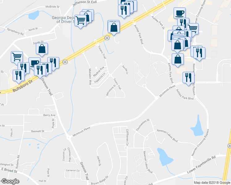 map of restaurants, bars, coffee shops, grocery stores, and more near Marbella Drive in Newnan