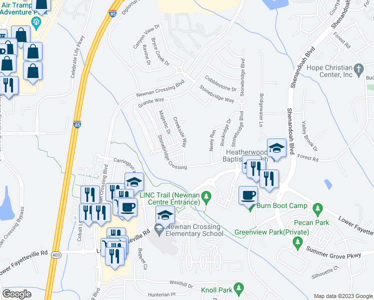 map of restaurants, bars, coffee shops, grocery stores, and more near 24 Creekside Way in Newnan