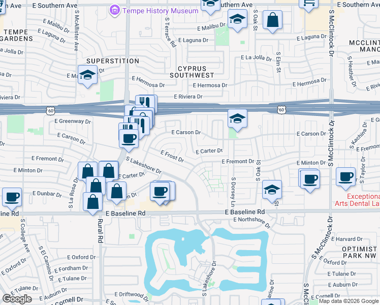 map of restaurants, bars, coffee shops, grocery stores, and more near 4536 South Terrace Road in Tempe