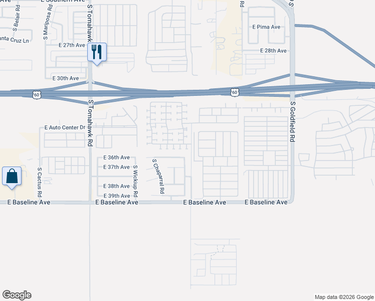 map of restaurants, bars, coffee shops, grocery stores, and more near 2361 East 35th Avenue in Apache Junction