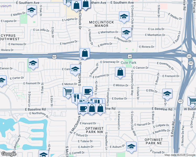 map of restaurants, bars, coffee shops, grocery stores, and more near 4703 South Taylor Drive in Tempe