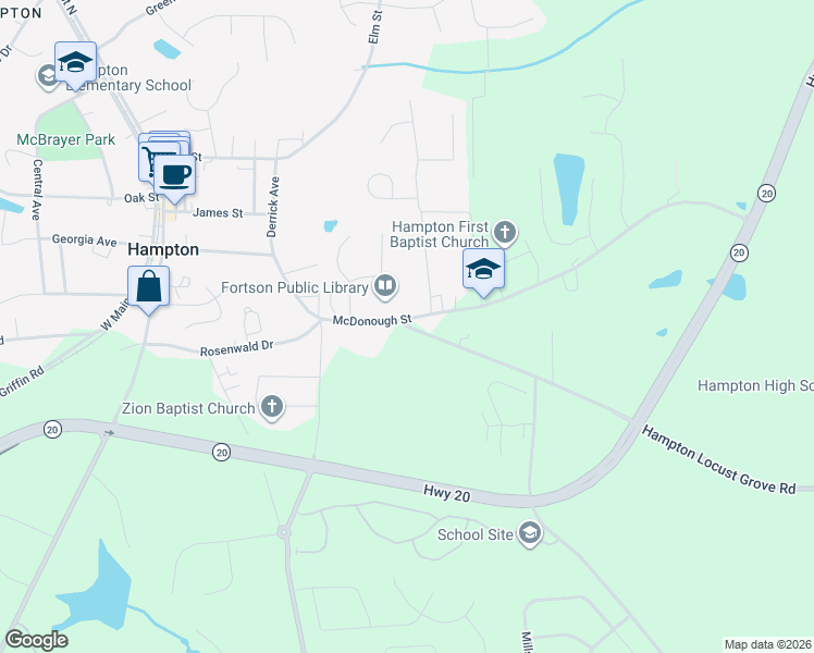 map of restaurants, bars, coffee shops, grocery stores, and more near 69 McDonough Hampton Road in Hampton