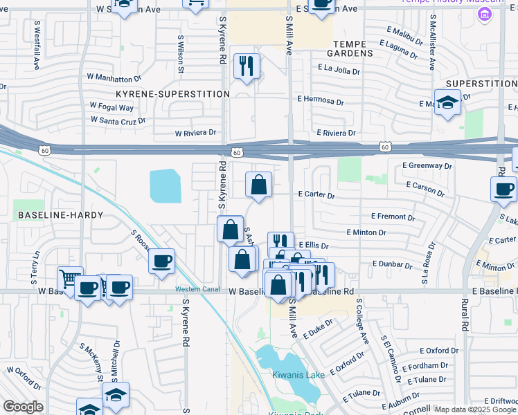 map of restaurants, bars, coffee shops, grocery stores, and more near 4601-4625 S Ash Ave in Tempe