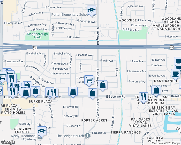 map of restaurants, bars, coffee shops, grocery stores, and more near 2733 East Inverness Avenue in Mesa