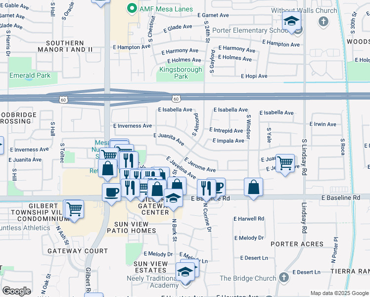 map of restaurants, bars, coffee shops, grocery stores, and more near 2337 East Juanita Avenue in Mesa