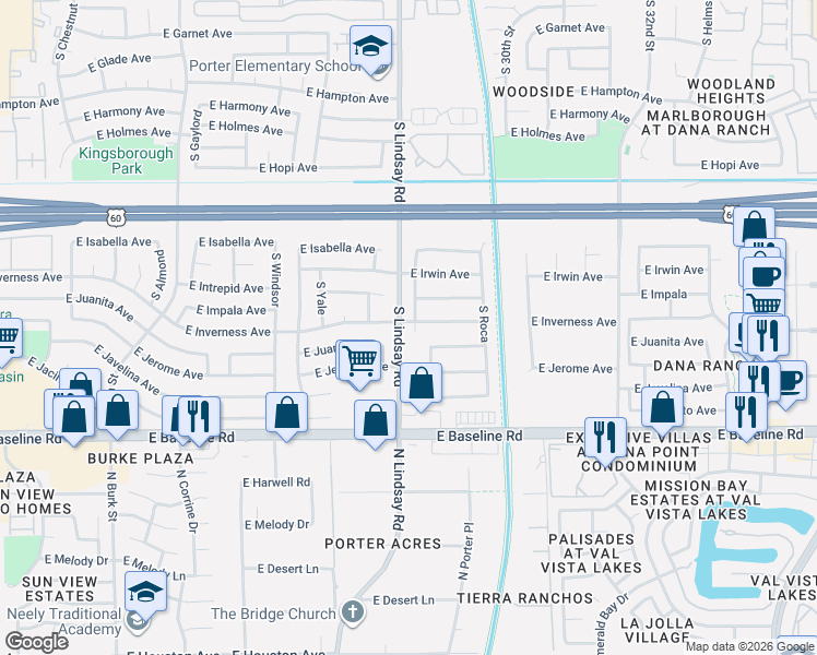 map of restaurants, bars, coffee shops, grocery stores, and more near 1806 Robin Circle in Mesa