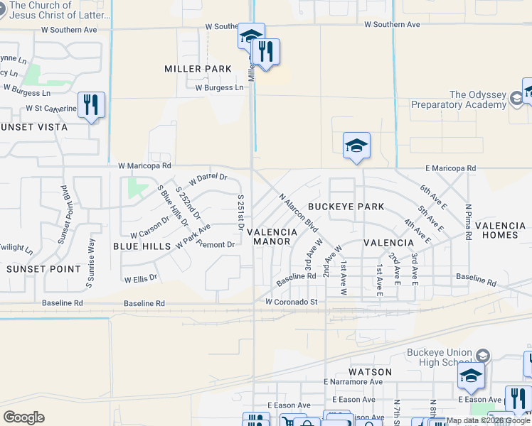map of restaurants, bars, coffee shops, grocery stores, and more near 210 6th Avenue West in Buckeye