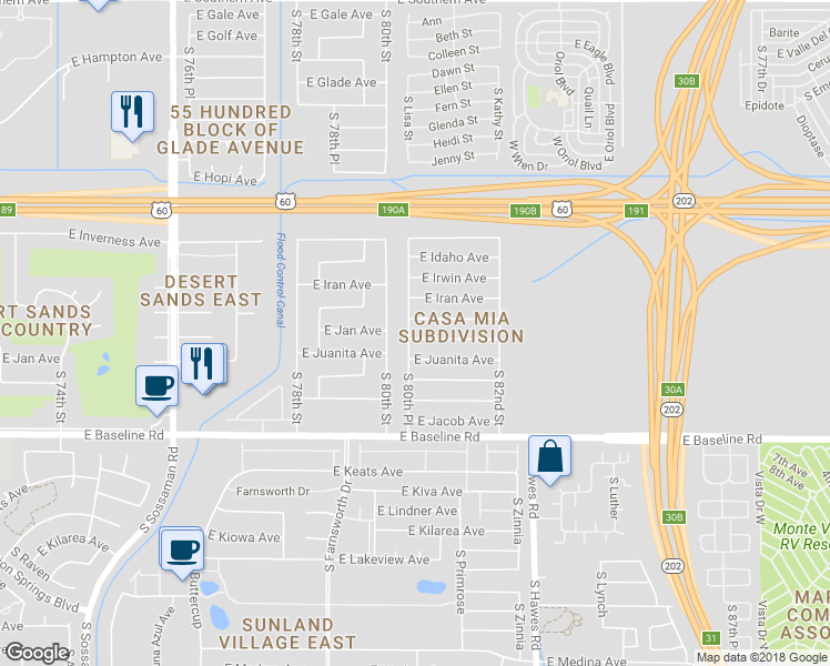 map of restaurants, bars, coffee shops, grocery stores, and more near 8016 East Jan Avenue in Mesa