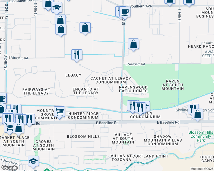 map of restaurants, bars, coffee shops, grocery stores, and more near 3131 East Legacy Drive in Phoenix