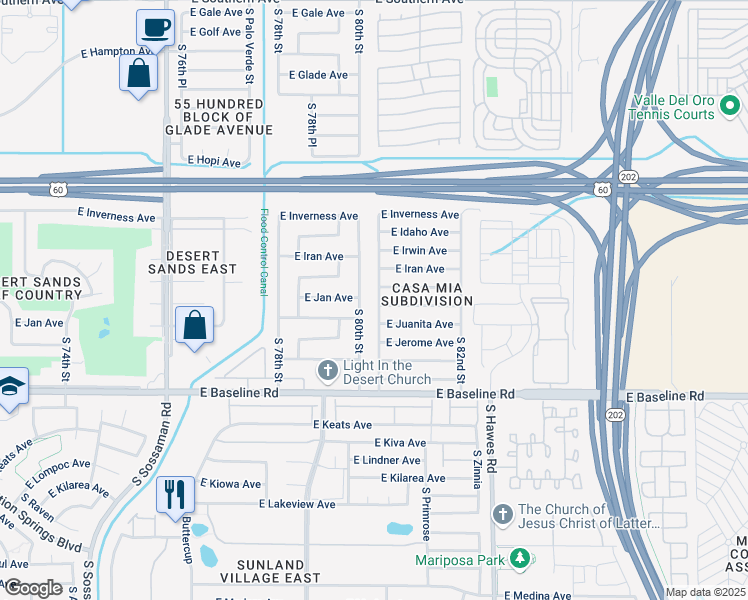 map of restaurants, bars, coffee shops, grocery stores, and more near 1802 South 80th Place in Mesa