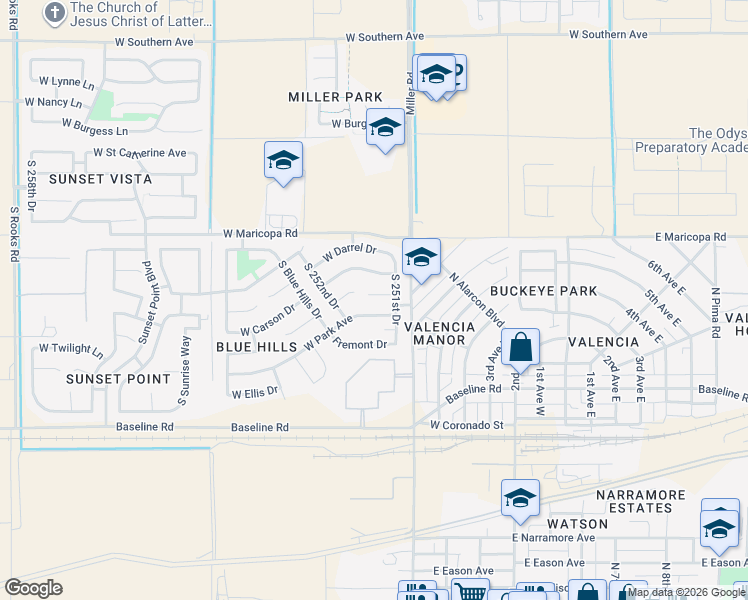 map of restaurants, bars, coffee shops, grocery stores, and more near 25203 West Carson Court in Buckeye