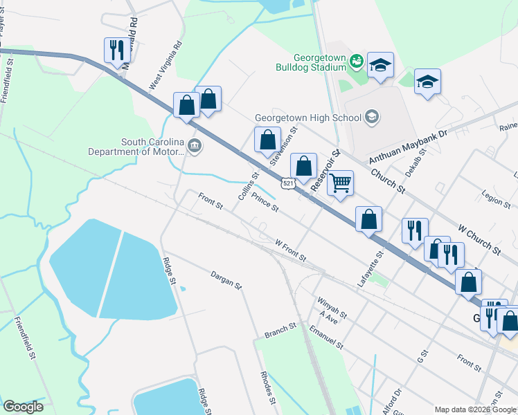 map of restaurants, bars, coffee shops, grocery stores, and more near 2707 Prince Street in Georgetown
