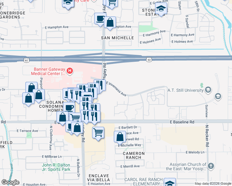 map of restaurants, bars, coffee shops, grocery stores, and more near 5255 East Inverness Avenue in Mesa