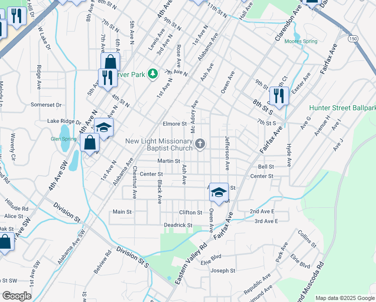 map of restaurants, bars, coffee shops, grocery stores, and more near 118 Wellington Street in Bessemer