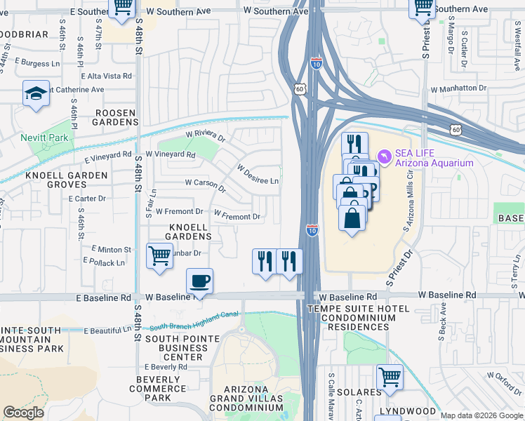 map of restaurants, bars, coffee shops, grocery stores, and more near 4620 South Filer Drive in Tempe