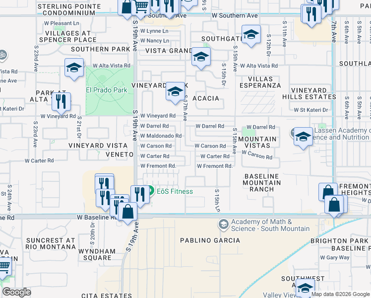 map of restaurants, bars, coffee shops, grocery stores, and more near 1645 West Carson Road in Phoenix