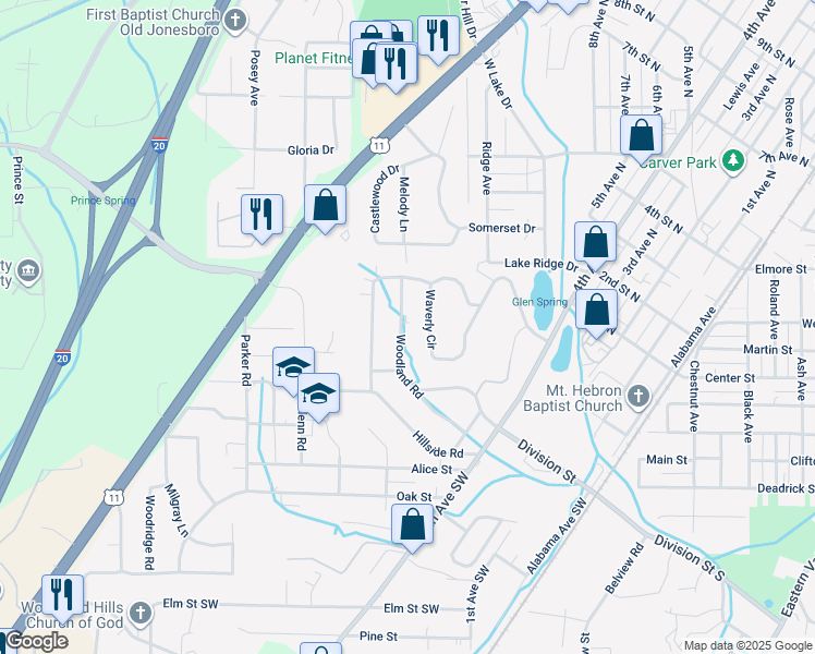 map of restaurants, bars, coffee shops, grocery stores, and more near 112 Woodland Road in Bessemer