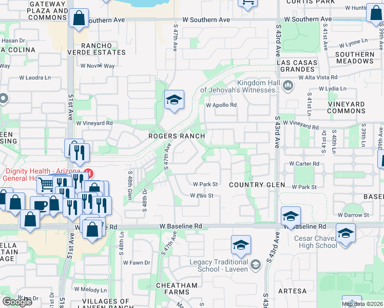map of restaurants, bars, coffee shops, grocery stores, and more near 4624 West Carson Road in Phoenix