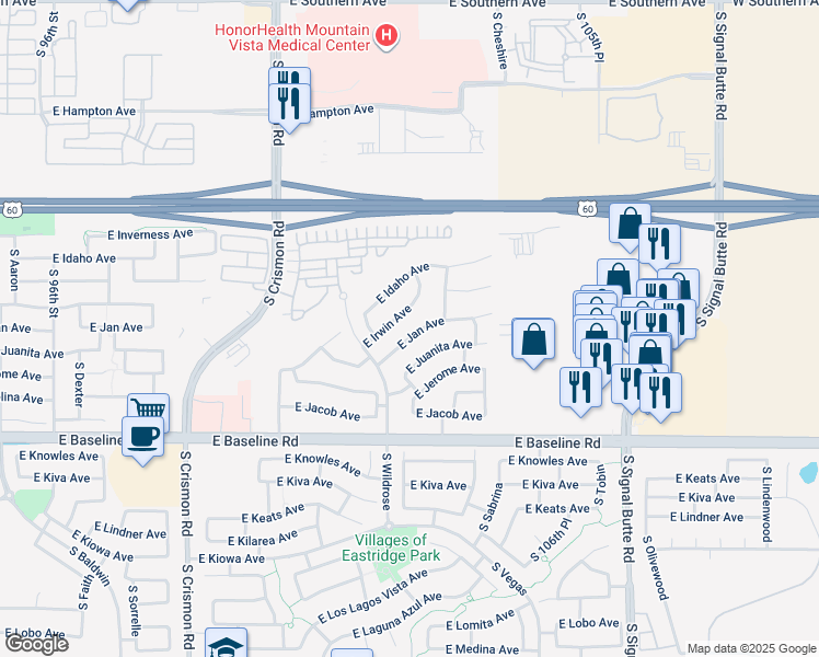 map of restaurants, bars, coffee shops, grocery stores, and more near 10340 East Jan Avenue in Mesa