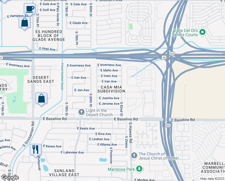 map of restaurants, bars, coffee shops, grocery stores, and more near 8132 East Jan Avenue in Mesa