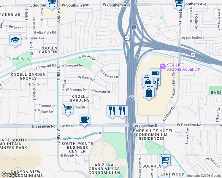 map of restaurants, bars, coffee shops, grocery stores, and more near 4619 South Filer Drive in Tempe