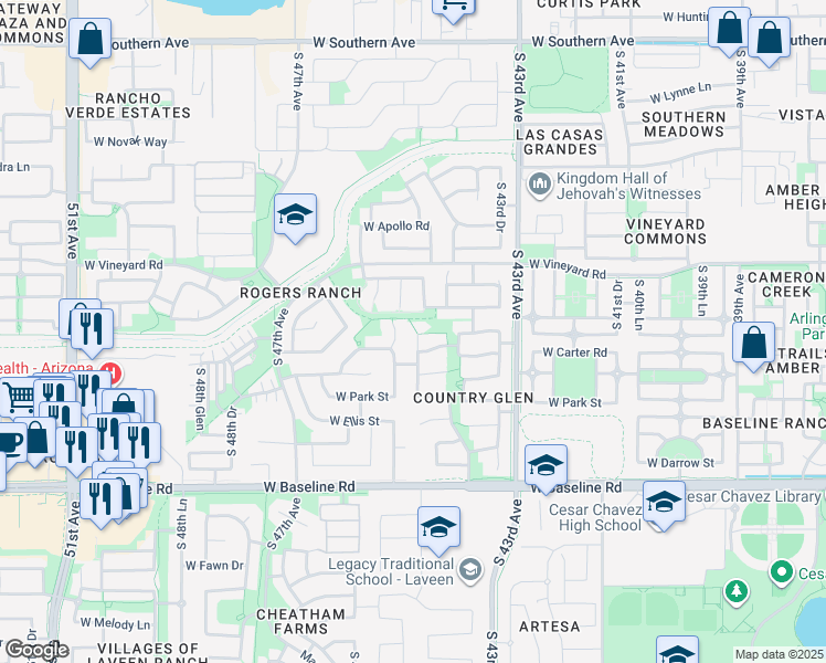 map of restaurants, bars, coffee shops, grocery stores, and more near 7010 South 44th Lane in Phoenix