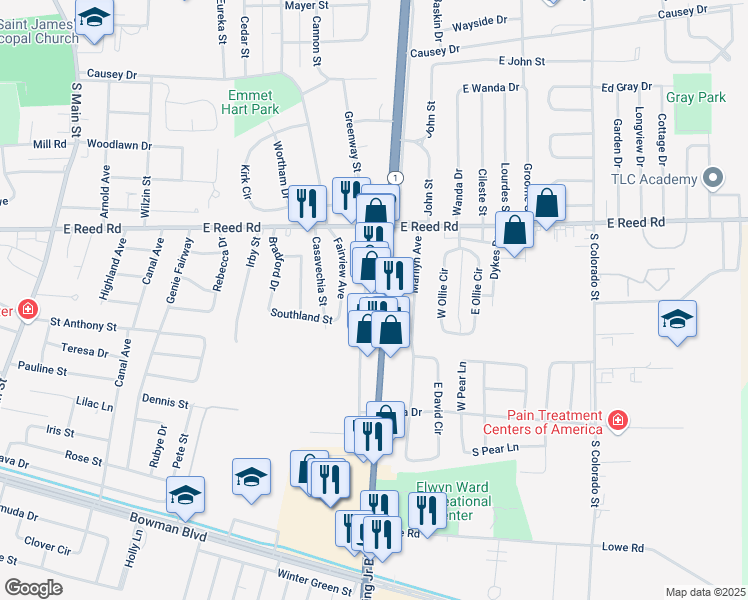 map of restaurants, bars, coffee shops, grocery stores, and more near 1447 Highway 1 in Greenville