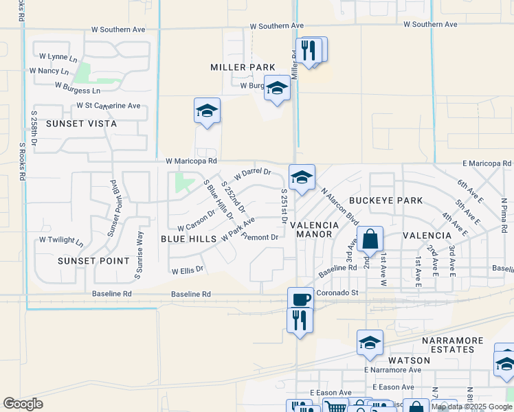 map of restaurants, bars, coffee shops, grocery stores, and more near 25203 West Carson Court in Buckeye