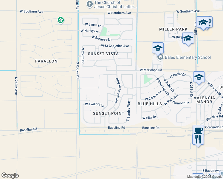 map of restaurants, bars, coffee shops, grocery stores, and more near 25673 West Blue Sky Way in Buckeye