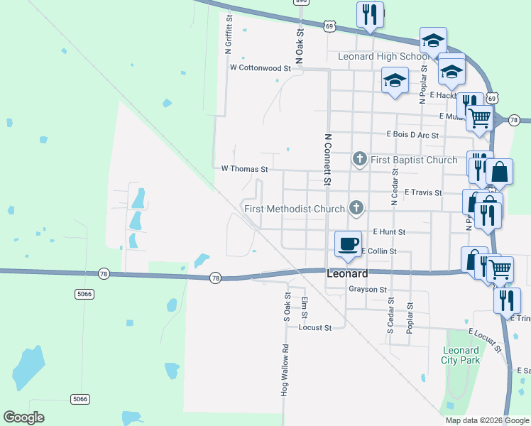 map of restaurants, bars, coffee shops, grocery stores, and more near 411 West Houston Street in Leonard