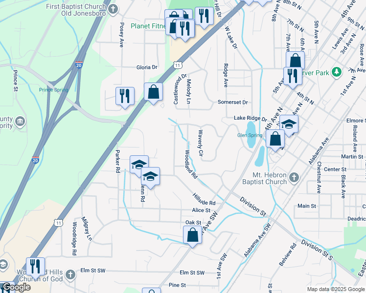 map of restaurants, bars, coffee shops, grocery stores, and more near 112 Woodland Road in Bessemer