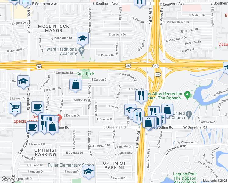 map of restaurants, bars, coffee shops, grocery stores, and more near 4711 South Rockford Drive in Tempe